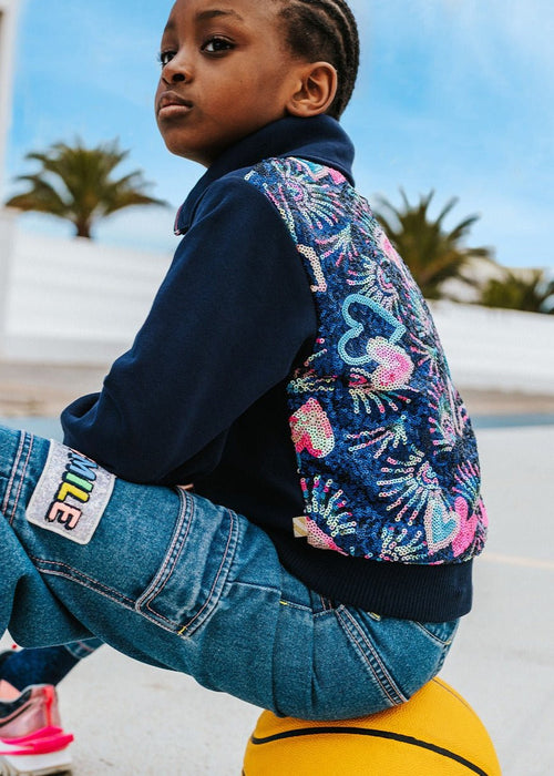 Girls Navy Zip Cardigan With Sequin Back