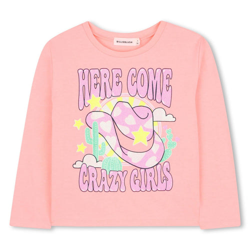 Girls Neon Pink Glitter Print Long Sleeve Top