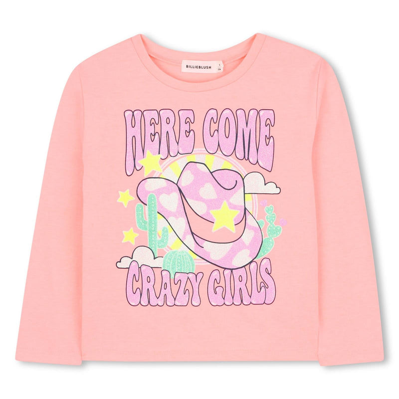 Girls Neon Pink Glitter Print Long Sleeve Top