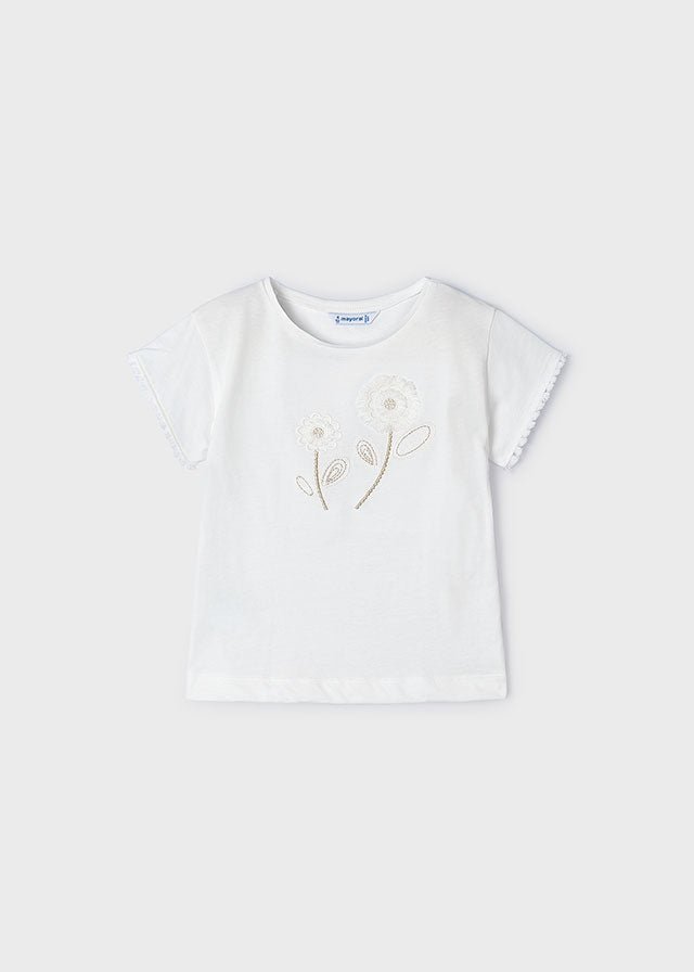 Girls Off white Flowers Cotton T-Shirt