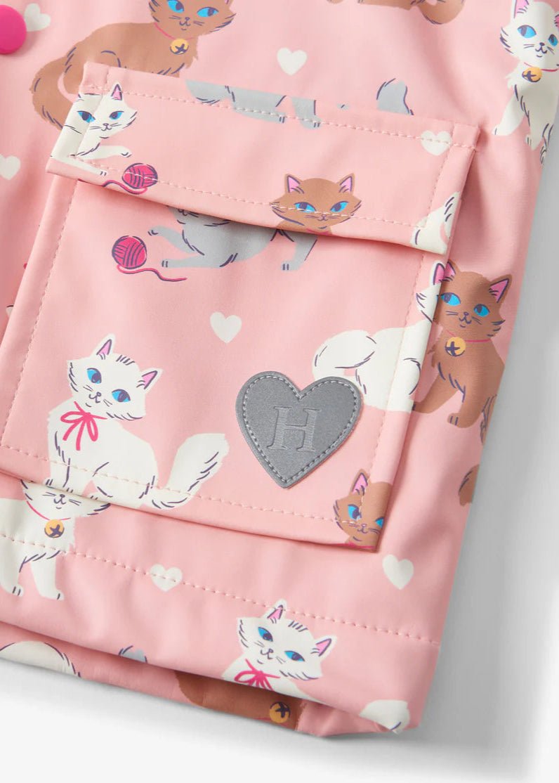 Girls Pink Cat Print Raincoat with Snap Closure