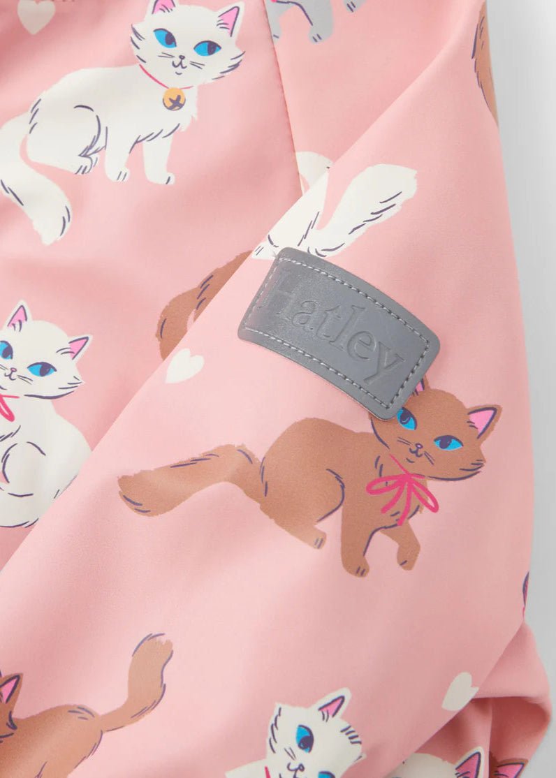 Girls Pink Cat Print Raincoat with Snap Closure