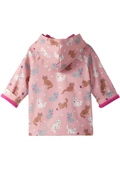Girls Pink Cat Print Raincoat with Snap Closure