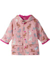 Girls Pink Cat Print Raincoat with Snap Closure
