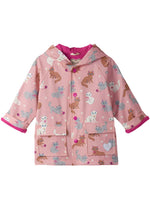 Girls Pink Cat Print Raincoat with Snap Closure