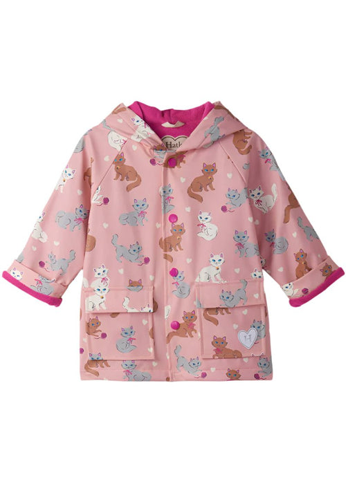 Girls Pink Cat Print Raincoat with Snap Closure