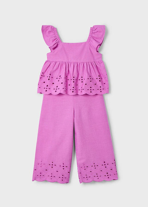 Girls Pink Cotton Pants Set with Eyelet Detail