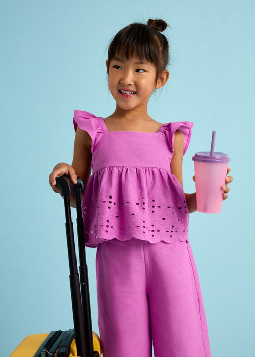 Girls Pink Cotton Pants Set with Eyelet Detail