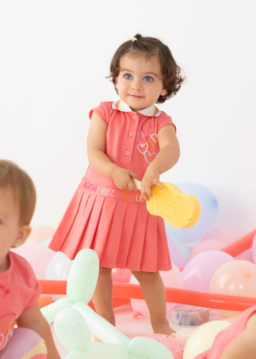 Girls Pink Cotton Polo Dress With Pleated Skirt