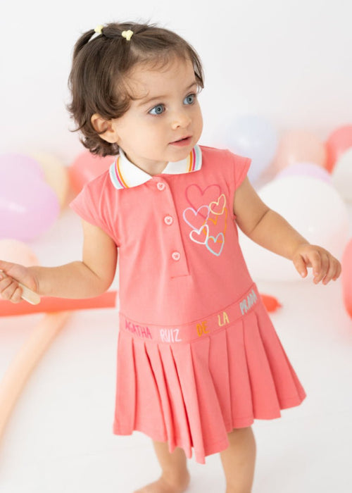 Girls Pink Cotton Polo Dress With Pleated Skirt