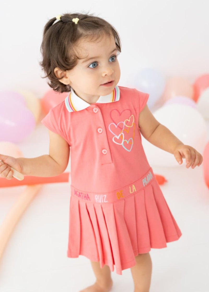 Girls Pink Cotton Polo Dress With Pleated Skirt
