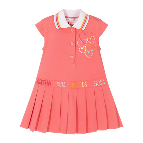 Girls Pink Cotton Polo Dress With Pleated Skirt