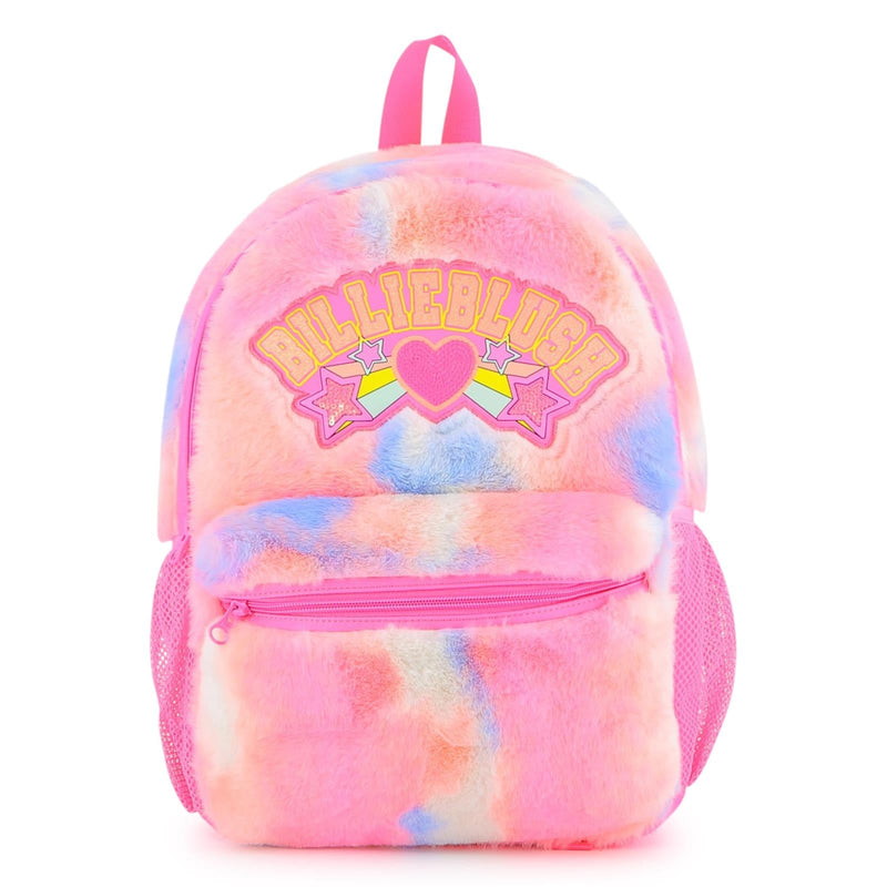Girls Pink Faux Fur Backpack With Rainbow Stars