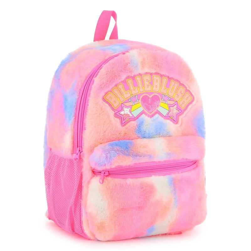 Girls Pink Faux Fur Backpack With Rainbow Stars