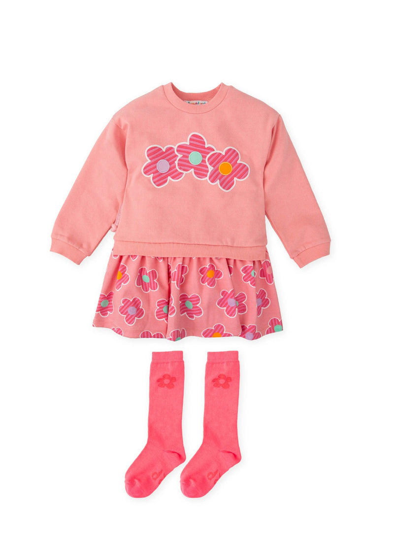 Girls Pink Flower Jersey Dress & Socks Set