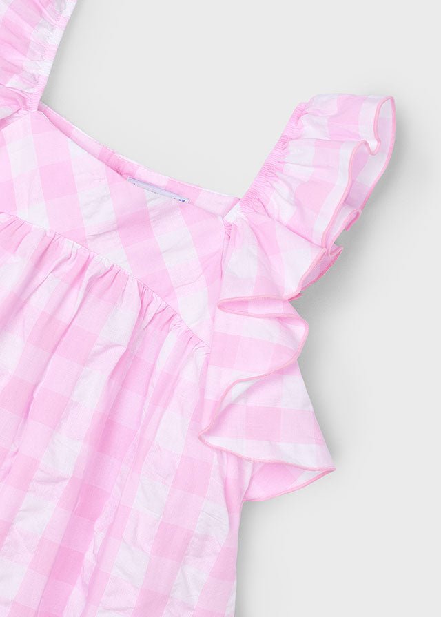 Girls Pink Gingham Cotton Dress Sleeveless Ruffle Straps