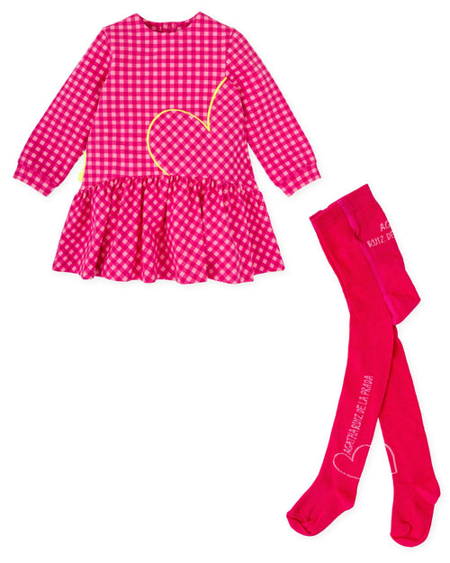Girls Pink Gingham Dress & Tights Set