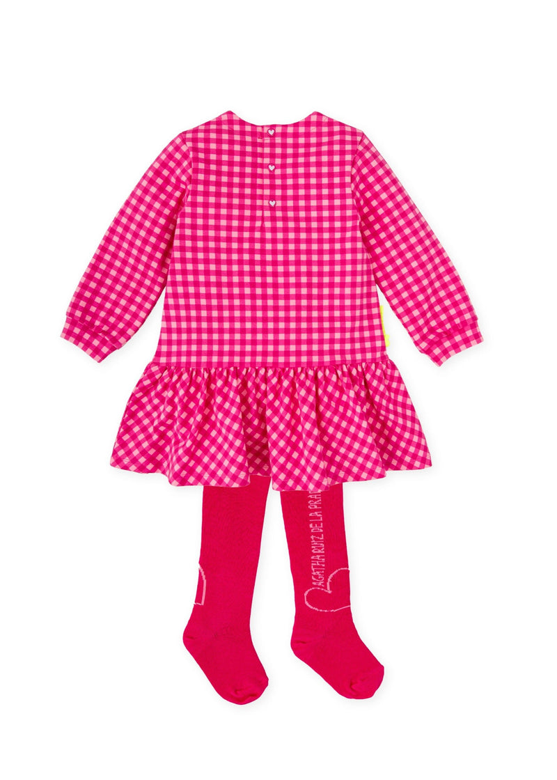 Girls Pink Gingham Dress & Tights Set