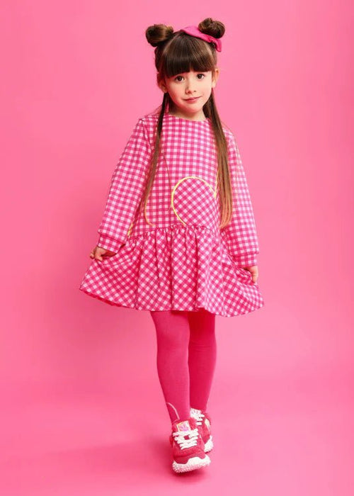 Girls Pink Gingham Dress & Tights Set