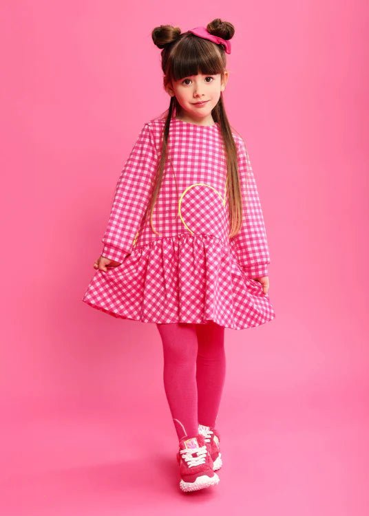 Girls Pink Gingham Dress & Tights Set
