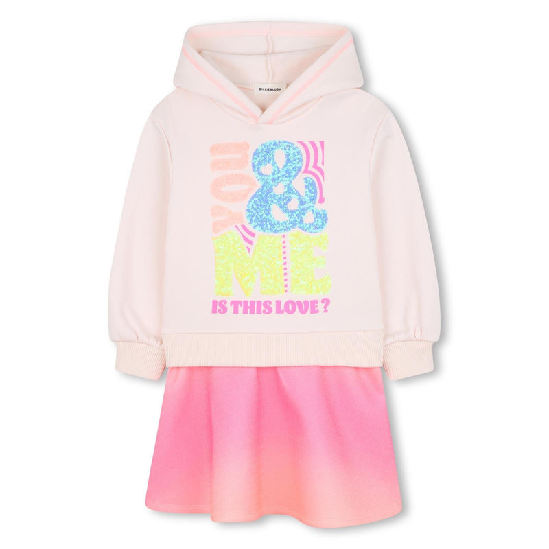 Girls Pink Gradient Hoodie Dress with Sequin Print