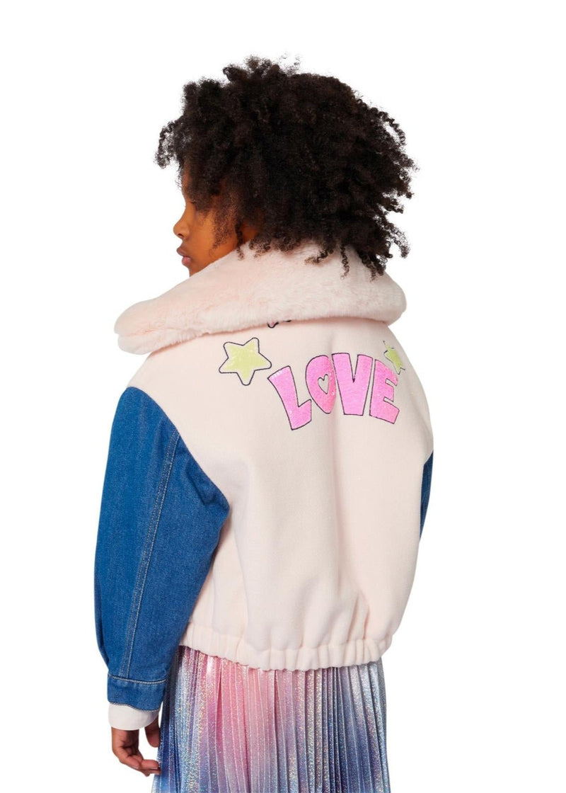 Girls Pink Jacket With Faux Fur Collar