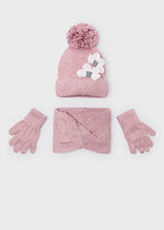Girls Pink Knit Hat, Scarf & Gloves Set with Flowers