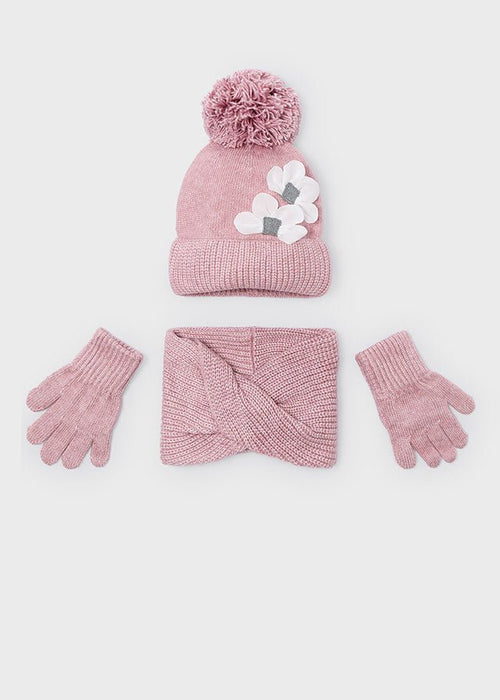 Girls Pink Knit Hat, Scarf & Gloves Set with Flowers
