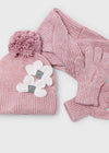Girls Pink Knit Hat, Scarf & Gloves Set with Flowers