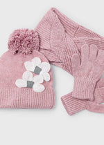Girls Pink Knit Hat, Scarf & Gloves Set with Flowers