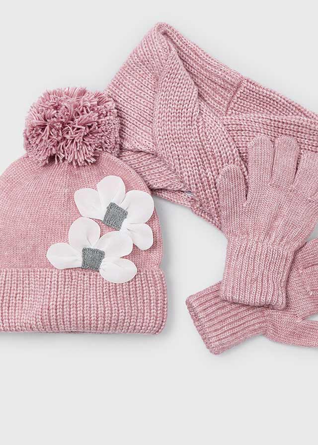 Girls Pink Knit Hat, Scarf & Gloves Set with Flowers