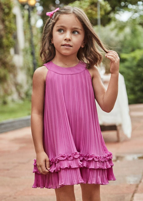 Girls Pink Pleated Ruffle Dress