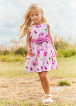 Girls Pink Printed Dress with Bow Detail