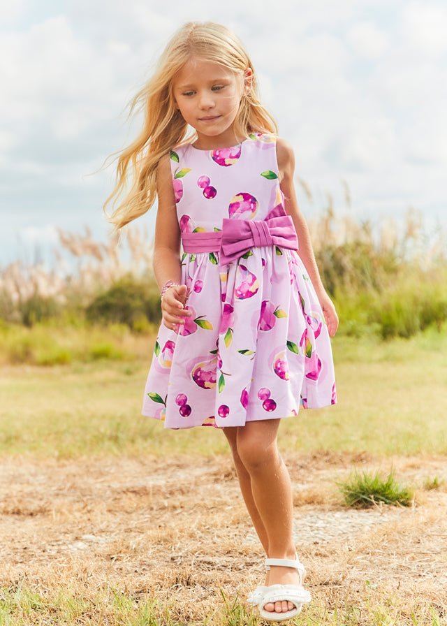 Girls Pink Printed Dress with Bow Detail