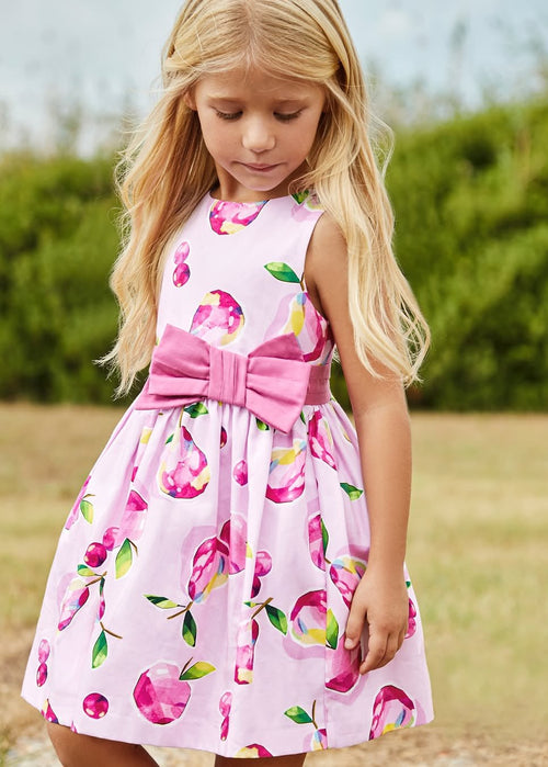 Girls Pink Printed Dress with Bow Detail