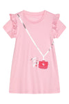 Girls' Pink Ruffle Sleeve Dress with Handbag Print