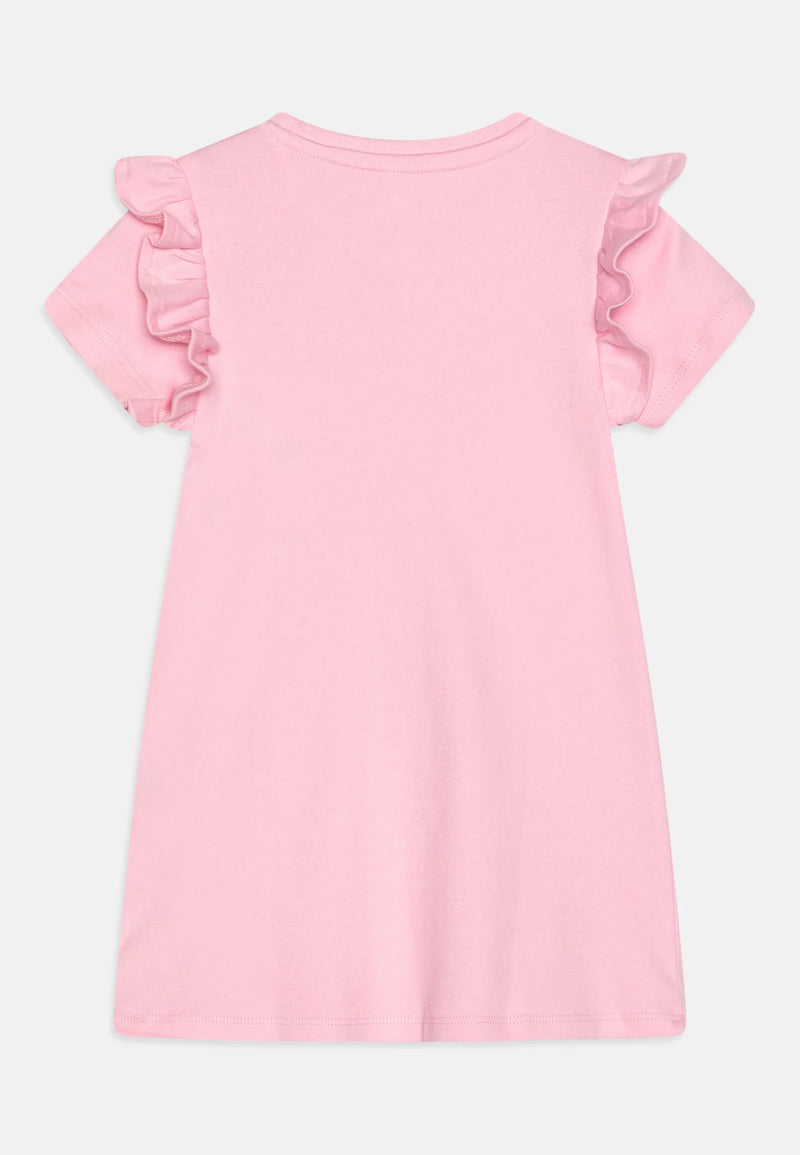 Girls' Pink Ruffle Sleeve Dress with Handbag Print