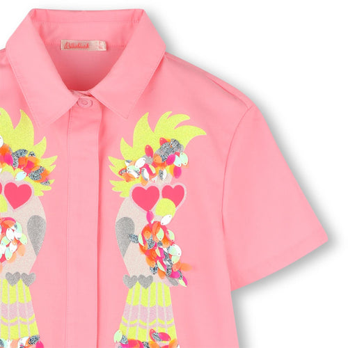 Girls Pink Shirt Dress With Sequin Parrot Design