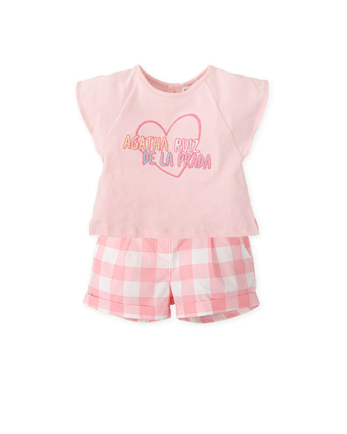 Girls Pink T-Shirt & Gingham Shorts Set