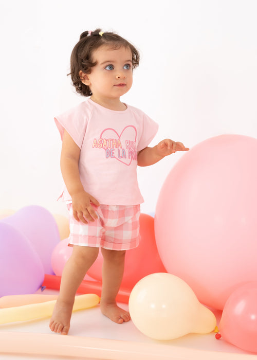 Girls Pink T-Shirt & Gingham Shorts Set