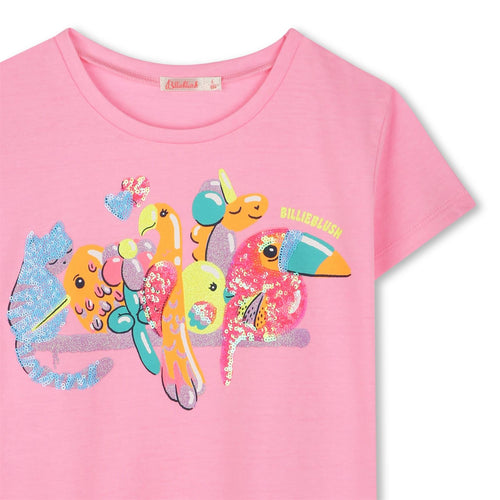 Girls Pink T-Shirt with Sequin Bird Print