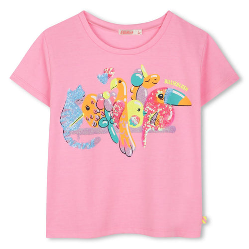 Girls Pink T-Shirt with Sequin Bird Print