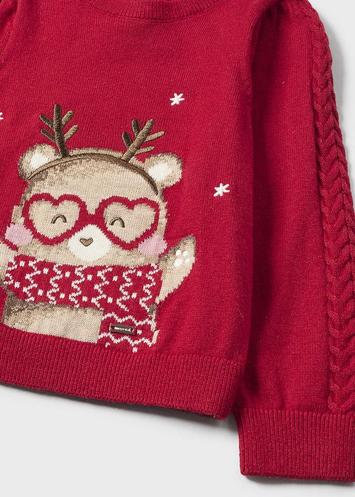 Girls Red Cotton & Wool Reindeer Christmas Sweater