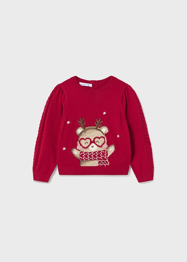 Girls Red Cotton & Wool Reindeer Christmas Sweater