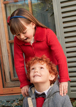 Girls' Red Faux Fur Collar Cardigan