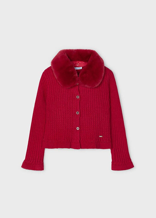 Girls' Red Faux Fur Collar Cardigan (Mayoral)