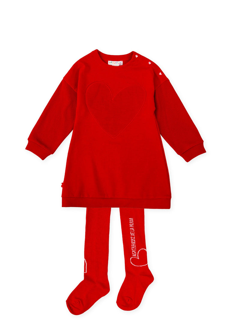 Girls Red Heart Jersey Dress & Tights Set