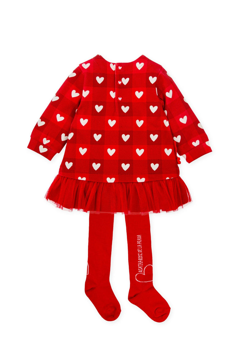 Girls Red Heart Print Dress & Tights Set