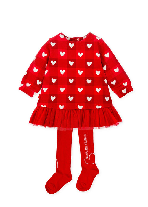 Girls Red Heart Print Dress & Tights Set