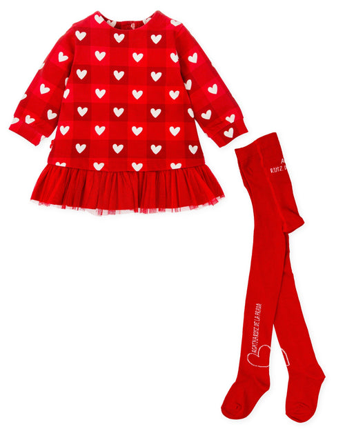 Girls Red Heart Print Dress & Tights Set